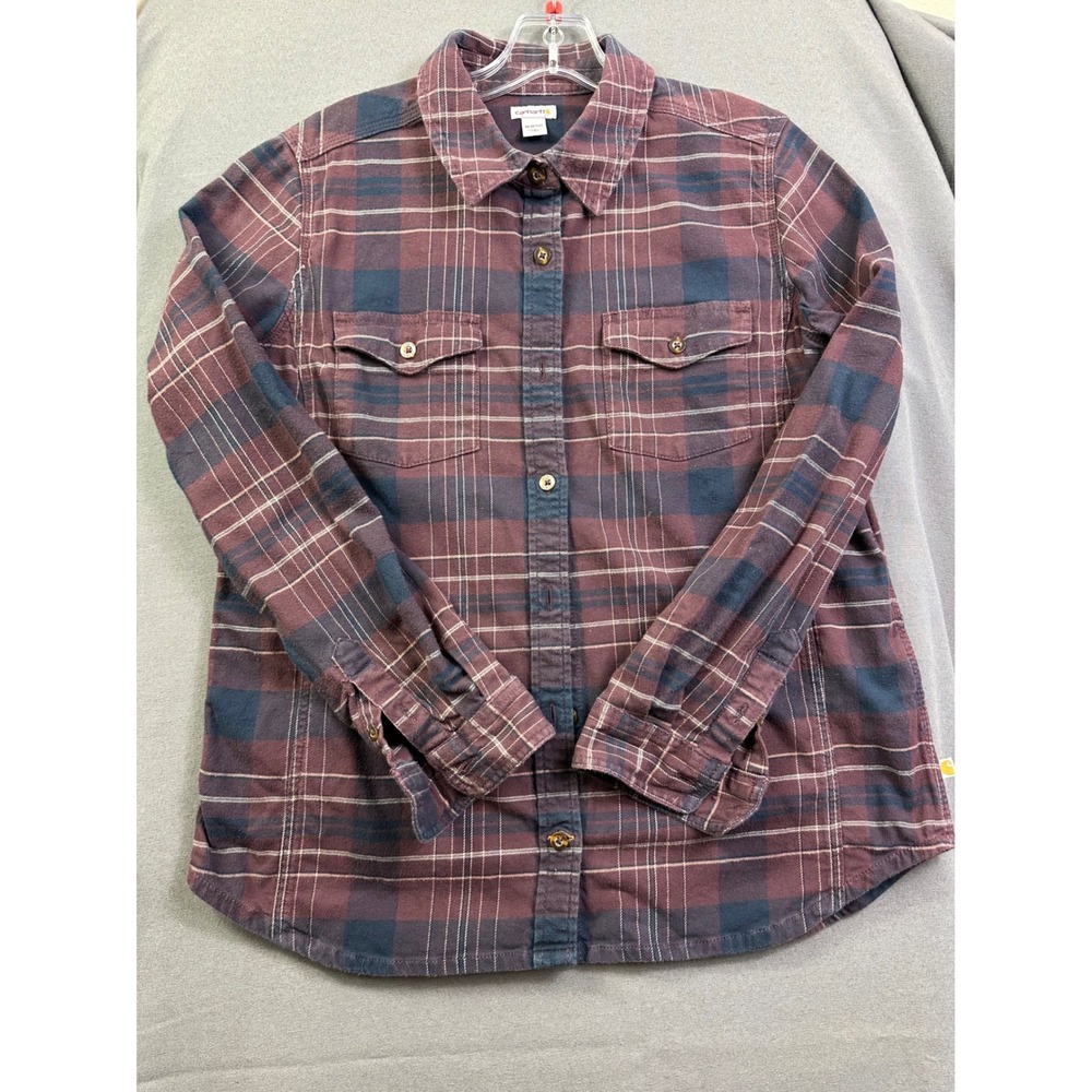Carhartt Women's Plaid Flannel Shirt Burgundy Navy Blue Long Sleeve Size M 8/10